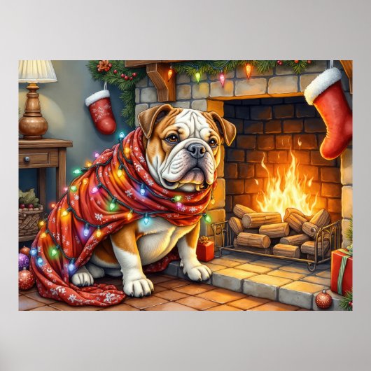 Poster Bulldog Sitting by Fireplace with Christmas Lights (Devant)