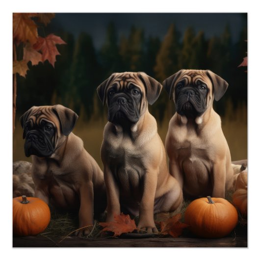Poster Bullmastiff Chiot Automne Citrouille de plaisir (Devant)