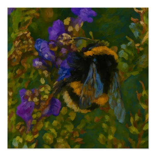 Poster Bumblebebe parmi les fleurs violettes (Devant)