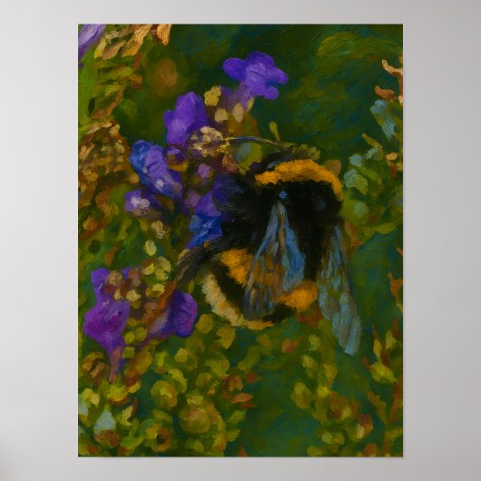 Poster Bumblebebe parmi les fleurs violettes (Devant)