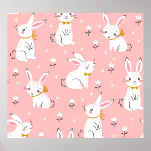Poster Bunnies blancs : Cute Floral sans joint