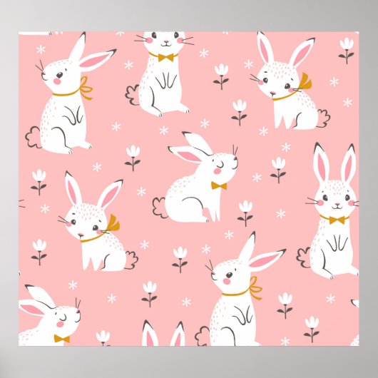 Poster Bunnies blancs : Cute Floral sans joint (Devant)