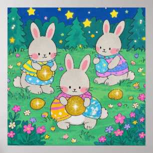 Poster Bunnies de Pâques avec Oeufs de Pâques
