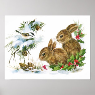 Poster Bunnies et oiseaux Profitez de la neige Décor de N