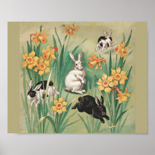 Poster Bunnies mignons aux fleurs de jonquille Antique Pâ