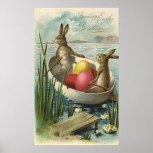 Poster Bunnies vintages en Bateau, Aimer les voeux de Pâq