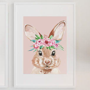Poster Bunny D'Aquarelle Rose Pastel Moderne Avec Fleurs