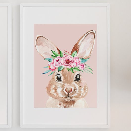 Poster Bunny D'Aquarelle Rose Pastel Moderne Avec Fleurs