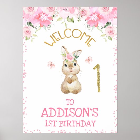 Poster Bunny Fleur rose Premier anniversaire Bienvenue (Devant)
