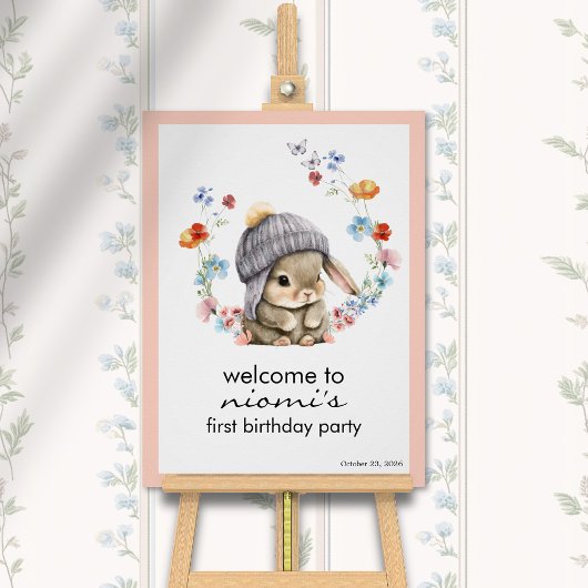 Poster Bunny Floral First Birthday Welcome Sign