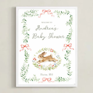 Poster Bunny Girl Floral Pink Bow Baby Shower Welcome