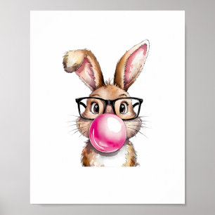 Poster Bunny Lapin soufflant la bulle gomme Jour de Pâque