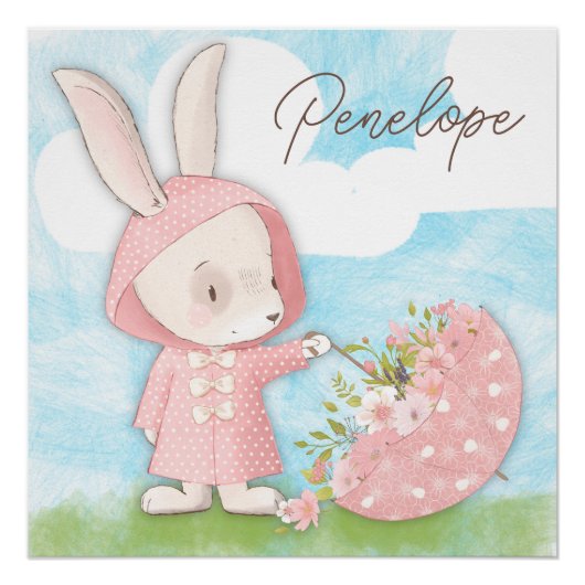 Poster Bunny Rabbit Parapluie & Fleurs (Devant)