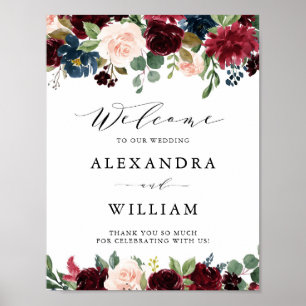 Poster Burgundy and Blue Floral Garland Wedding Welcome