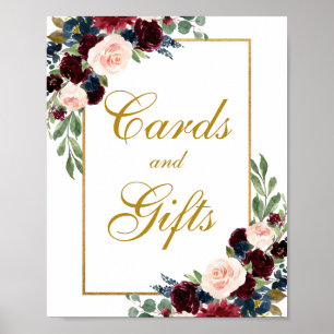 Poster Burgundy Blue Floral Gold Cartes de mariage Cadeau