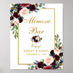 Poster Burgundy Blue Floral Gold Mariage Mimosa Bar