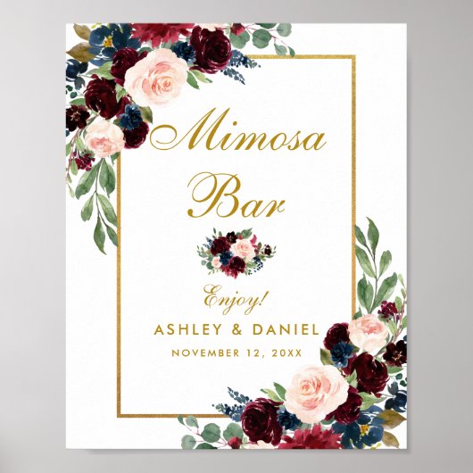 Poster Burgundy Blue Floral Gold Mariage Mimosa Bar (Devant)