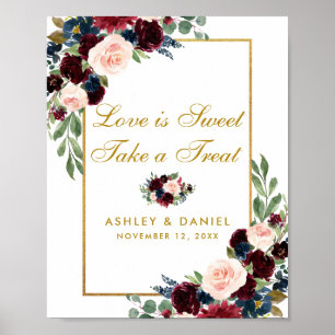 Poster Burgundy Blue Floral Gold Mariage Treat