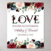 Poster Burgundy Blue Floral Love Mariage Bienvenue (Devant)