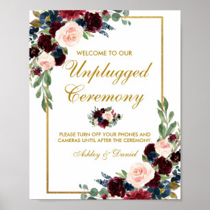 Poster Burgundy Blue Gold Floral Mariage débranché