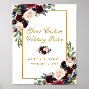 Poster Burgundy Blue Gold Floral Mariage personnalisé