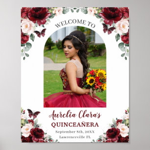 Poster Burgundy Blush Floral Quinceañera Photo Bienvenue