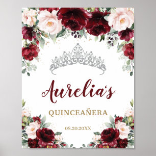 Poster Burgundy Blush Floral Quinceañera Tiara Bienvenue