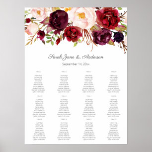 Poster Burgundy Blush Floral Seating Chart 12 Blanc