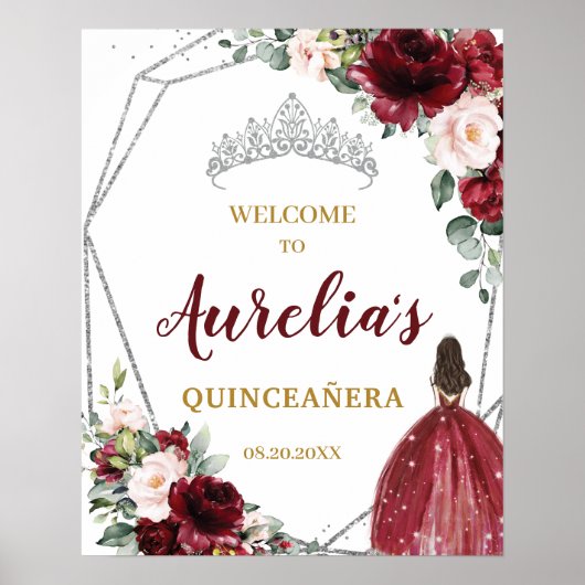 Poster Burgundy Blush Floral Silver Quinceañera Bienvenue (Devant)