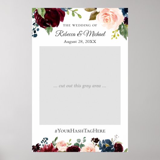 Poster Burgundy Blush Navy Floral Mariage Photo Booth (Devant)