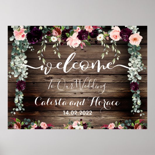 Poster Burgundy Blush Rose Barque Mariage Bienvenue (Devant)