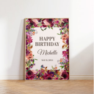 Poster Burgundy Blush Rose joyeuse fête d'anniversaire