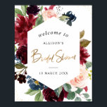 Poster burgundy cadre fleuri signe de bienvenue<br><div class="desc">Un design floral avec un design script et de belles fleurs bordeaux aquarelles. Le texte et d'autres fonctionnalités peuvent être personnalisés.</div>