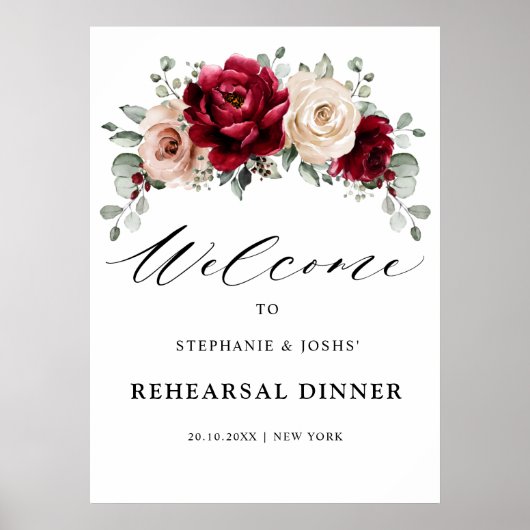 Poster Burgundy Champagne Ivory Rehearsal Dinner Welcome (Devant)