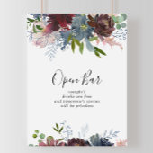 Poster Burgundy Floral et Verdure Mariage Open Bar Sign