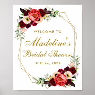 Poster Burgundy Floral Gold Boho Bridal Shower Welcome