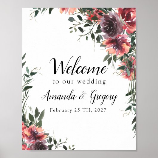 Poster Burgundy Floral Leafy Wedding Welcome Sign (Devant)