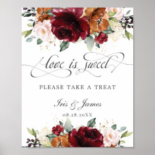 Poster Burgundy Floral Love is Sweet Take a Treat Sign