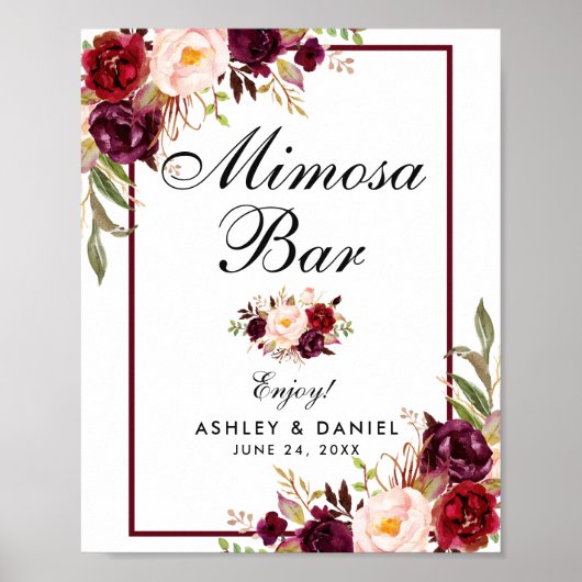 Poster Burgundy Floral Mariage Mimosa Bar (Devant)