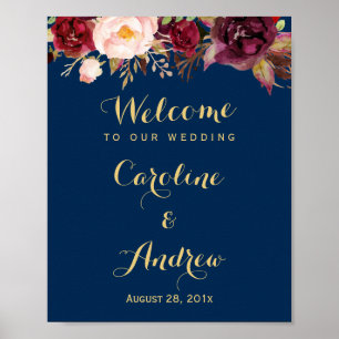Poster Burgundy Floral Navy Blue Welcome Wedding Sign