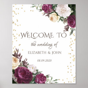 Poster Burgundy Floral Save The Date Diamants Or