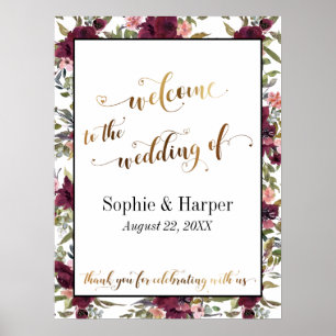 Poster Burgundy Floral Welcome to Wedding Gold Text Sign