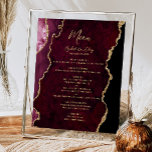 Poster Burgundy Gold Agate Mariage Table Menu<br><div class="desc">Le bord gauche de cet élégant panneau de menu mariage moderne comporte une bordure d'aquarelle bordeaux ornée d'une parties scintillant en faux or. Le mot "Menu" apparaît dans un script d'écriture manuscrite de couleur or. Personnalisez le texte restant avec les noms du couple, la date du mariage et les détails...</div>