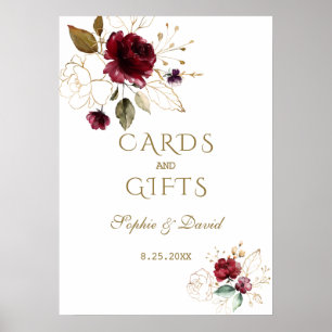 Poster Burgundy Gold Floral Cartes & Cadeaux Mariage