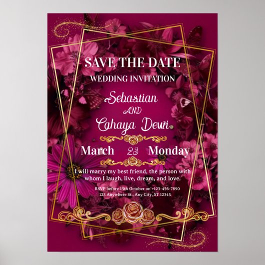Poster Burgundy Gold Floral Wedding (Devant)