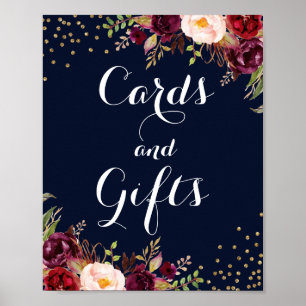 Poster Burgundy Gold Navy Floral Cartes Et Cadeaux Mariag
