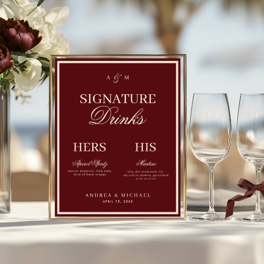 Poster Burgundy & Ivory Old Money Signature Drinks Sign