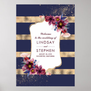 Poster Burgundy Marine et Gold Floral Mariage Bienvenue