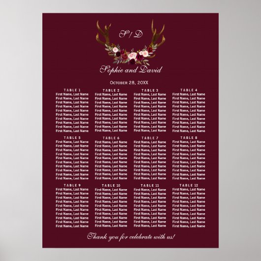 Poster Burgundy Marsala Floral Antlers (Devant)