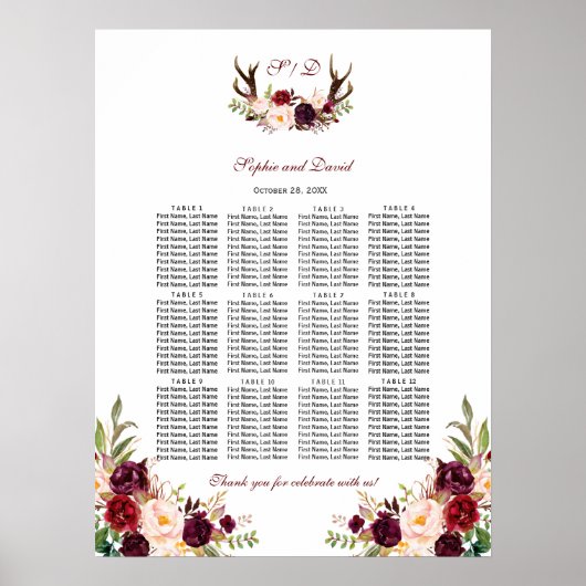 Poster Burgundy Marsala Floral Antlers (Devant)